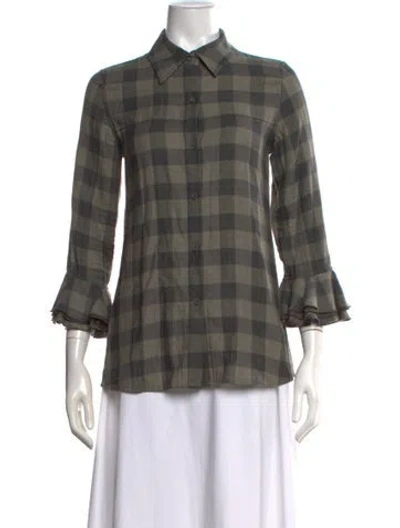 Pre-owned Alice And Olivia Plaid Print Three-quarter Sleeve Button-up Top In Green