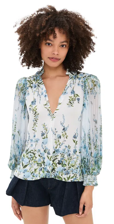 Alice And Olivia Pleated Blouson Sleeve Button Front Blouse Fresh Air Carolina Blue