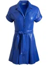 Alice And Olivia Shirley Short Sleeve Vegan Leather Pleated Mini Shirt Dress In Blue