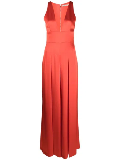 Alice And Olivia Myrtle V-neck Wide-leg Satin Jumpsuit In Chili Pepper