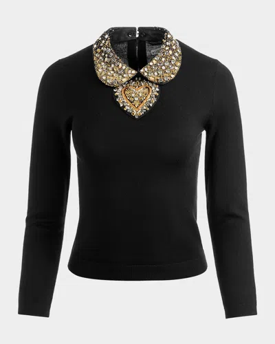 ALICE AND OLIVIA PORLA EMBELLISHED COLLARED PULLOVER