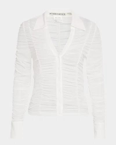 Alice And Olivia Portia Fitted Mesh Button-front Shirt In Off White