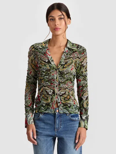 Alice And Olivia Paisley-print Ruched Blouse In Green