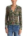 Alice And Olivia Portia Ruched Mesh Button Down Paisley Poem In Green