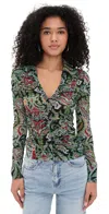 Alice And Olivia Portia Ruched Mesh Button Down Paisley Poem In Green