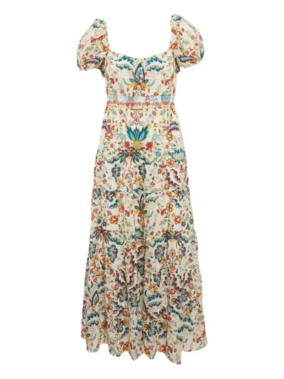 Pre-owned Alice And Olivia  Puff-sleeve Floral-print Maxi Dress In White