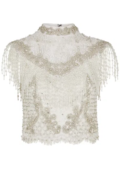Alice And Olivia Pria Embellished Lace Top In Off White