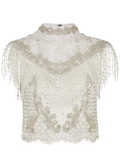 Alice And Olivia Pria Embellished Mock-neck Fringe Top In Off White