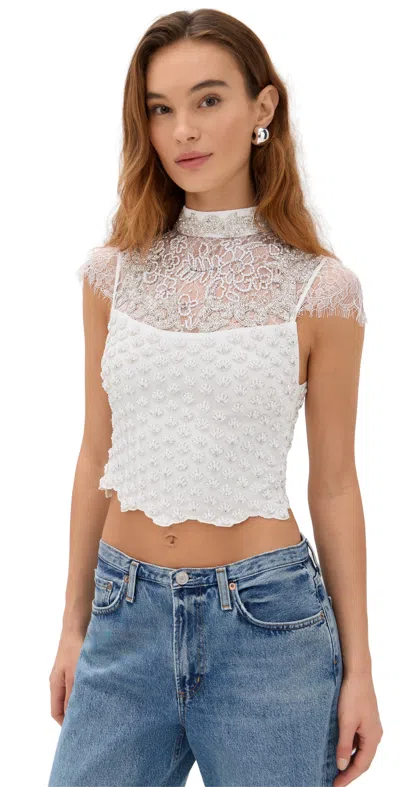 Alice And Olivia Pria Embellished Mock Neck Cropped Top Off White