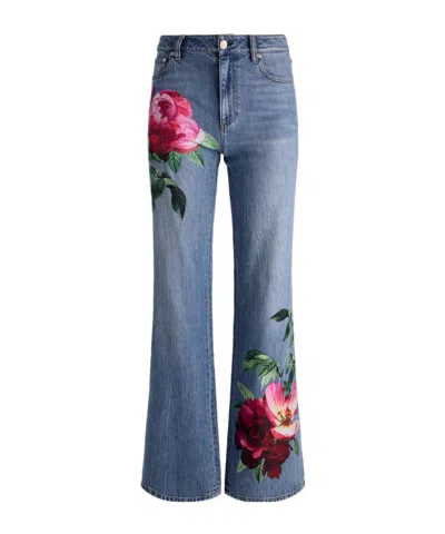 Alice And Olivia Chic High Rise Full Length Rose Print Jeans In Denver Bright Blue