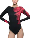 Alice And Olivia Masako Long Sleeve Open Back Bodysuit With Thumbholes In Bright Ruby Floral