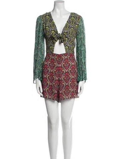 Pre-owned Alice And Olivia Printed Plunge Neckline Romper In Multi