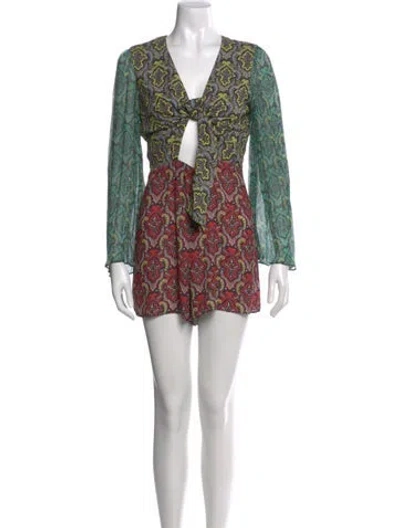 Pre-owned Alice And Olivia Printed Plunge Neckline Romper In Yellow