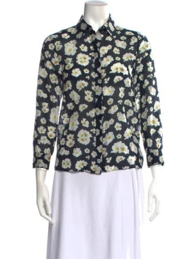 Pre-owned Alice And Olivia Printed Three-quarter Sleeve Button-up Top In Blue