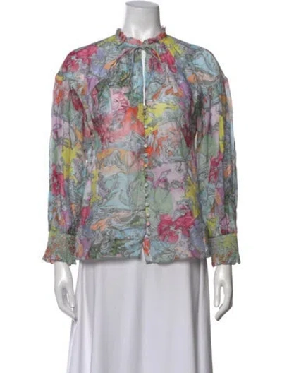 Pre-owned Alice And Olivia Printed Tie Neck Blouse In Blue