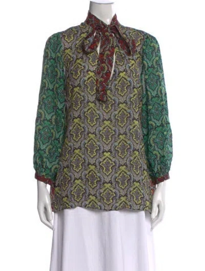 Pre-owned Alice And Olivia Printed Tie Neck Tunic In Green