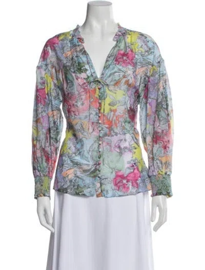 Pre-owned Alice And Olivia Printed V-neck Blouse In Blue