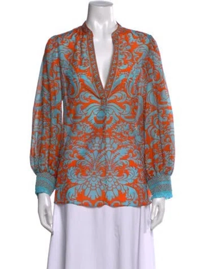 Pre-owned Alice And Olivia Printed V-neck Blouse In Blue/orange