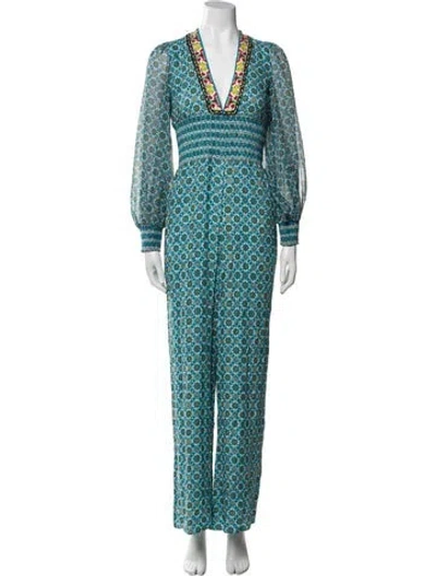 Pre-owned Alice And Olivia Printed V-neck Jumpsuit In Blue