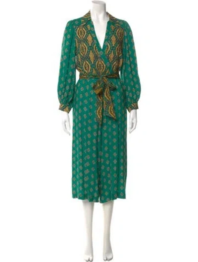 Pre-owned Alice And Olivia Printed V-neck Jumpsuit In Green