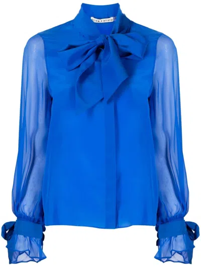 Alice And Olivia Pussy-bow Collar Silk Blouse In Blue