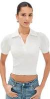 Alice And Olivia Linda Crop Pointelle Polo Sweater In Soft White