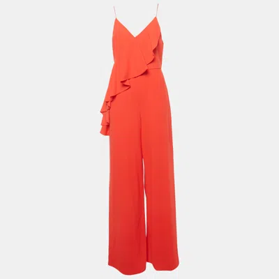 Pre-owned Alice And Olivia Red Crepe Cross Ruffle Keeva Jumpsuit M