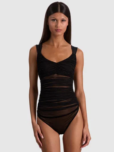 Alice And Olivia Renee Sheer Ruched Bodysuit In Black