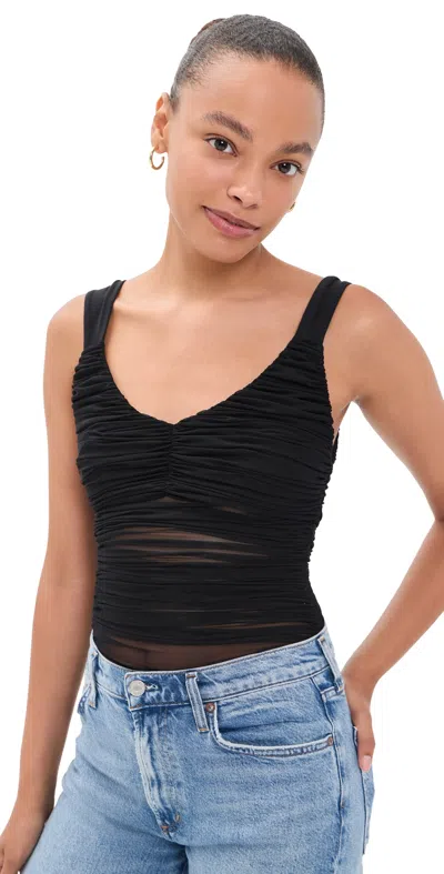 Alice And Olivia Renee Sheer Soft Ruched Tank Thong Bodysuit Black