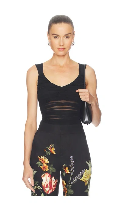 Alice And Olivia Renee Sheer Soft V Neck Ruched Tank Bodysuit In Black