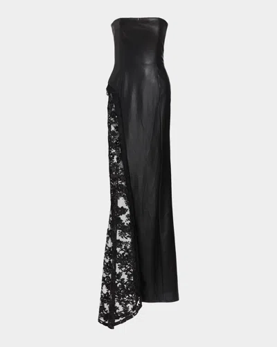 Alice And Olivia Retha Strapless Vegan Leather Lace Maxi Dress In Black