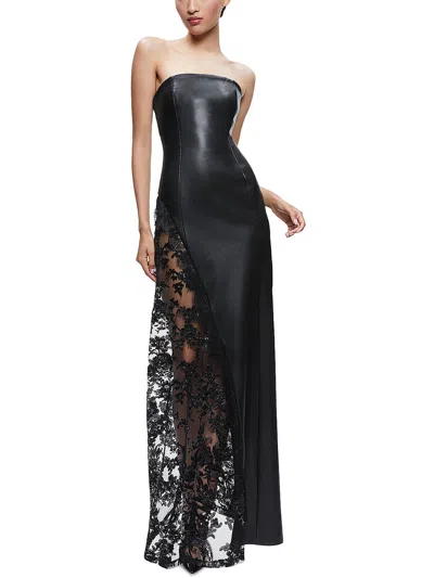 Alice And Olivia Retha Strapless Vegan Leather Lace Maxi Dress In Black