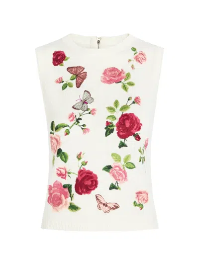 Alice And Olivia Reva Floral-embroidered Knitted Vest In Neutral
