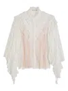Alice And Olivia Rheba Mock Neck Button Front Lace Ruffle Sleeve Top Off White In White