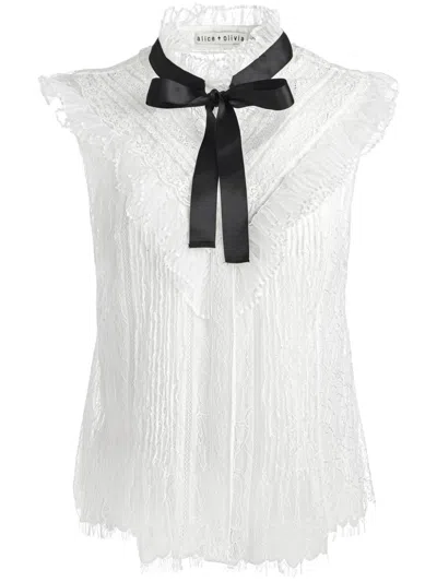 Alice And Olivia Rheba Mock Neck Sleeveless Ruffle Blouse With Bow In Off White