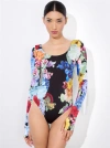 Alice And Olivia Rhys Ballet Neck Long-sleeve Bodysuit In Garden Brunch Black