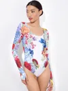 Alice And Olivia Rhys Ballet Neck Thong Bodysuit Garden Brunch Off White In Garden Brunch Off White