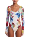 Alice And Olivia Rhys Ballet Neck Thong Bodysuit Garden Brunch Off White In White Floral