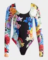Alice And Olivia Rhys Ballet Neck Long-sleeve Bodysuit In Garden Brunch Black