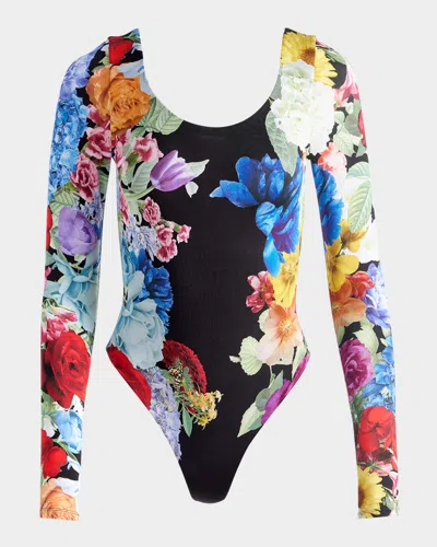 Alice And Olivia Rhys Ballet Neck Long-sleeve Bodysuit In Garden Brunch Black
