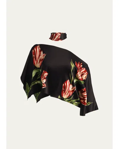 Alice And Olivia Rita Draped Floral One-shoulder Crop Top In Black