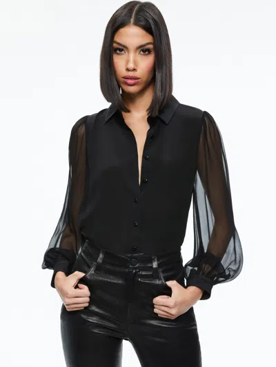 Alice And Olivia Roanne Sheer Blouson-sleeve Button-front Shirt In Black