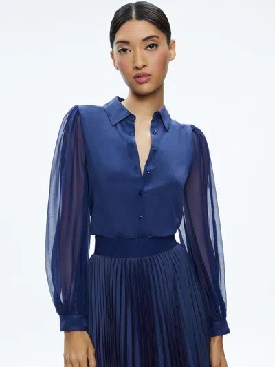Alice And Olivia Roanne Mixed Media Silk Button-up Shirt In Indigo