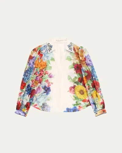 Alice And Olivia Roanne Floral Button-front Blouse In Garden Brunch Off White