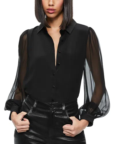 Alice And Olivia Roanne Sheer Blouson-sleeve Button-front Shirt In Black