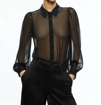Alice And Olivia Roanne Sheer Blouson-sleeve Button-front Shirt In Black