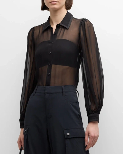 Alice And Olivia Roanne Sheer Blouson-sleeve Button-front Shirt In Black