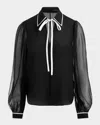 Alice And Olivia Roanne Tie Front Silk Blouse In Black/off White