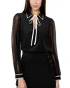 Alice And Olivia Roanne Tie Front Silk Blouse In Black/off White