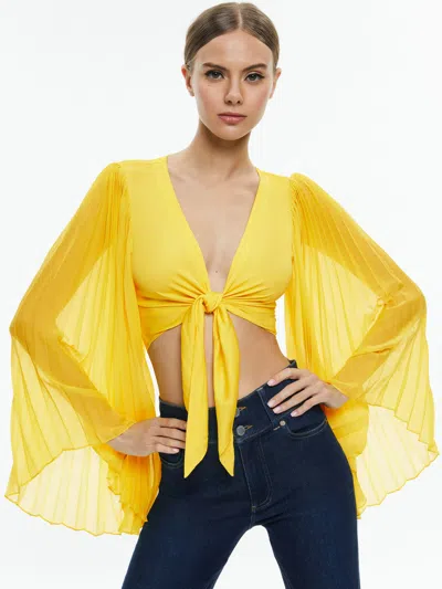 Alice And Olivia Rochelle Tie Front Pleated Crop Top In Happy Yellow